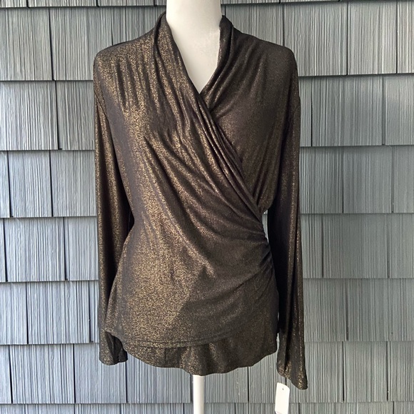 Prima Bella long sleeve Large Shimmer Wrap Top NWT black and Gold Slinky stretch - Picture 1 of 7